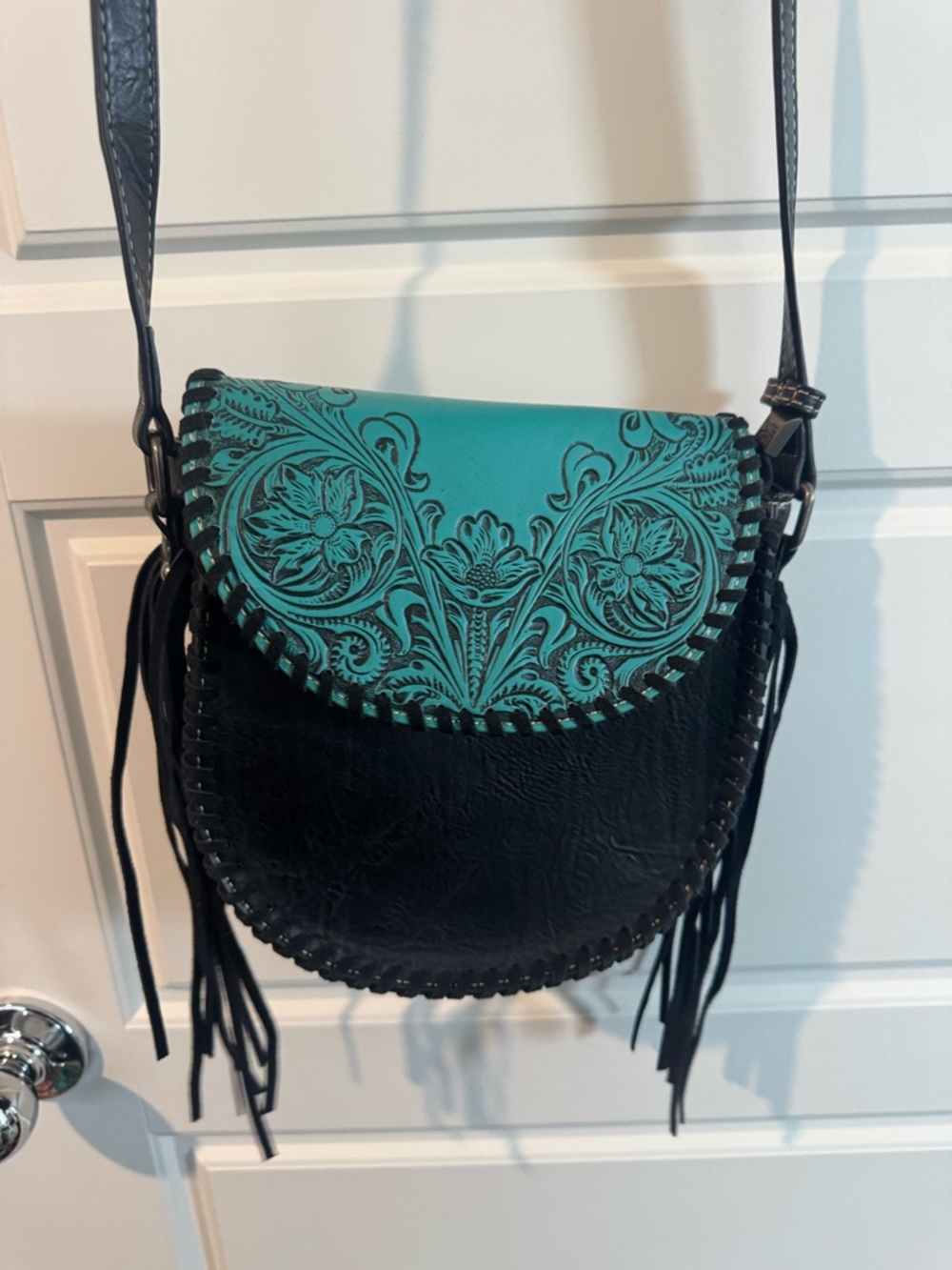 Montana West Turquoise and Black Floral Tooled Crossbody Bag with Fringe